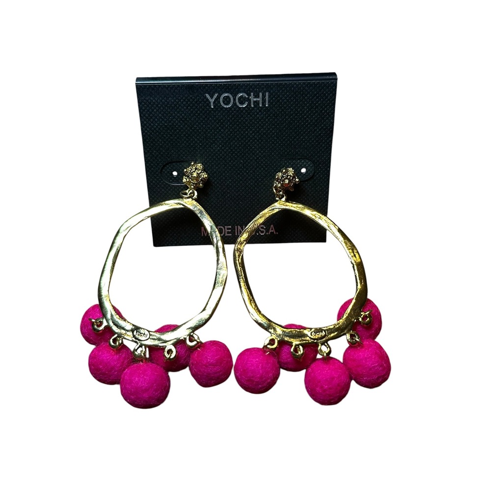 Yochi Drop Earrings Hammered Gold Hoop Pink Pom Pom Statement Jewelry